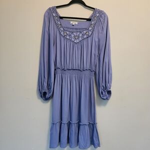 Max Studio Blue Knee Length Dress Sz S Smocked Waist Embroidered Beaded Neckline